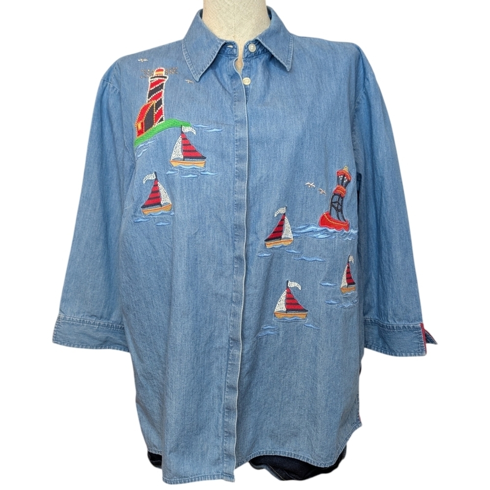 Karen Scott Nautical Embroidered Chambray Shirt XL